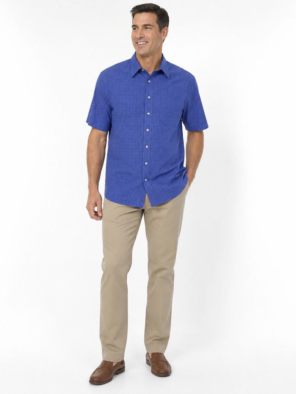 LR4607 Van Heusen 17 17.5 Blue Windowpane Short Sleeve Button Front Shirt XL
